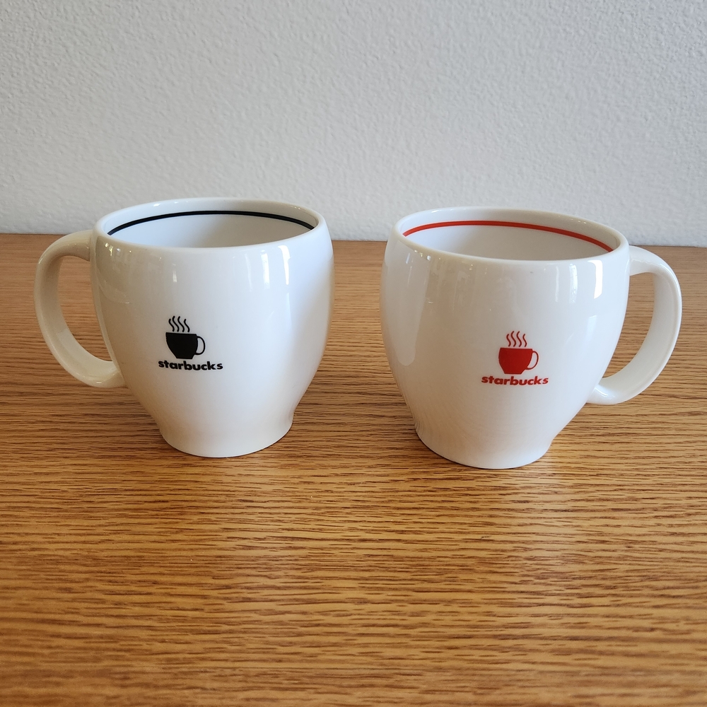 Starbucks 2004 Steaming Cup White Mugs with Black and Red Details